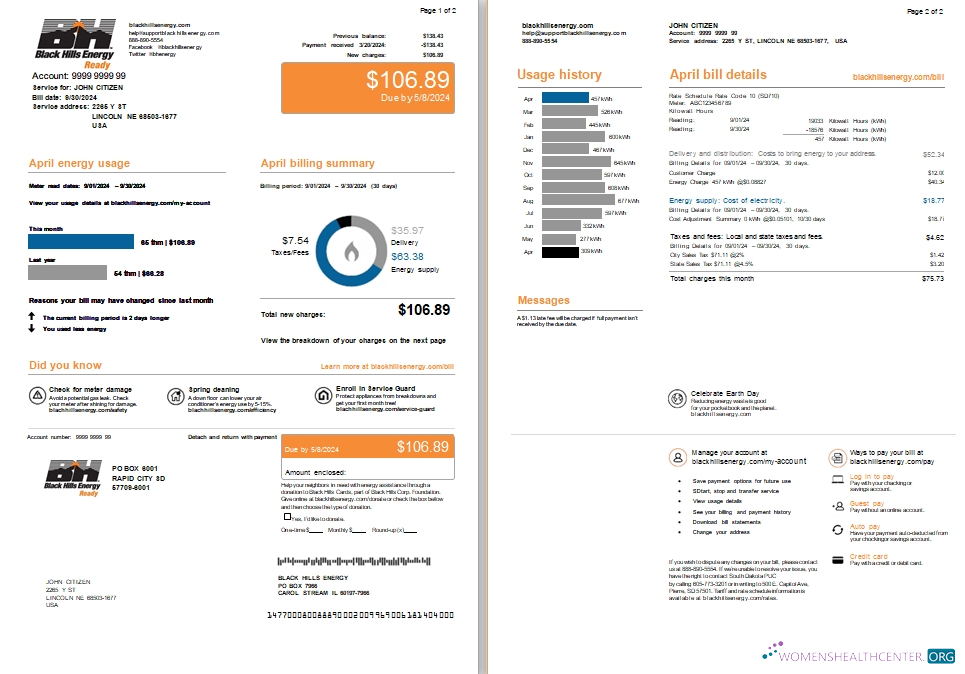 download download USA Nebraska Lincoln Black Hills Energy utility bill, 2 pages scr